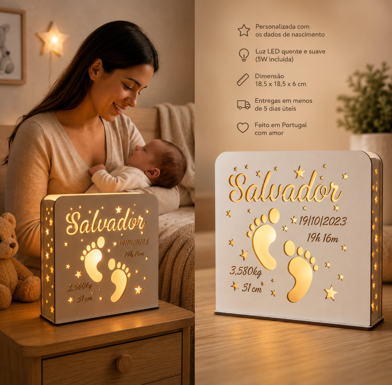 Luz de Presença Personalizada com Dados de Nascimento | Pézinhos
